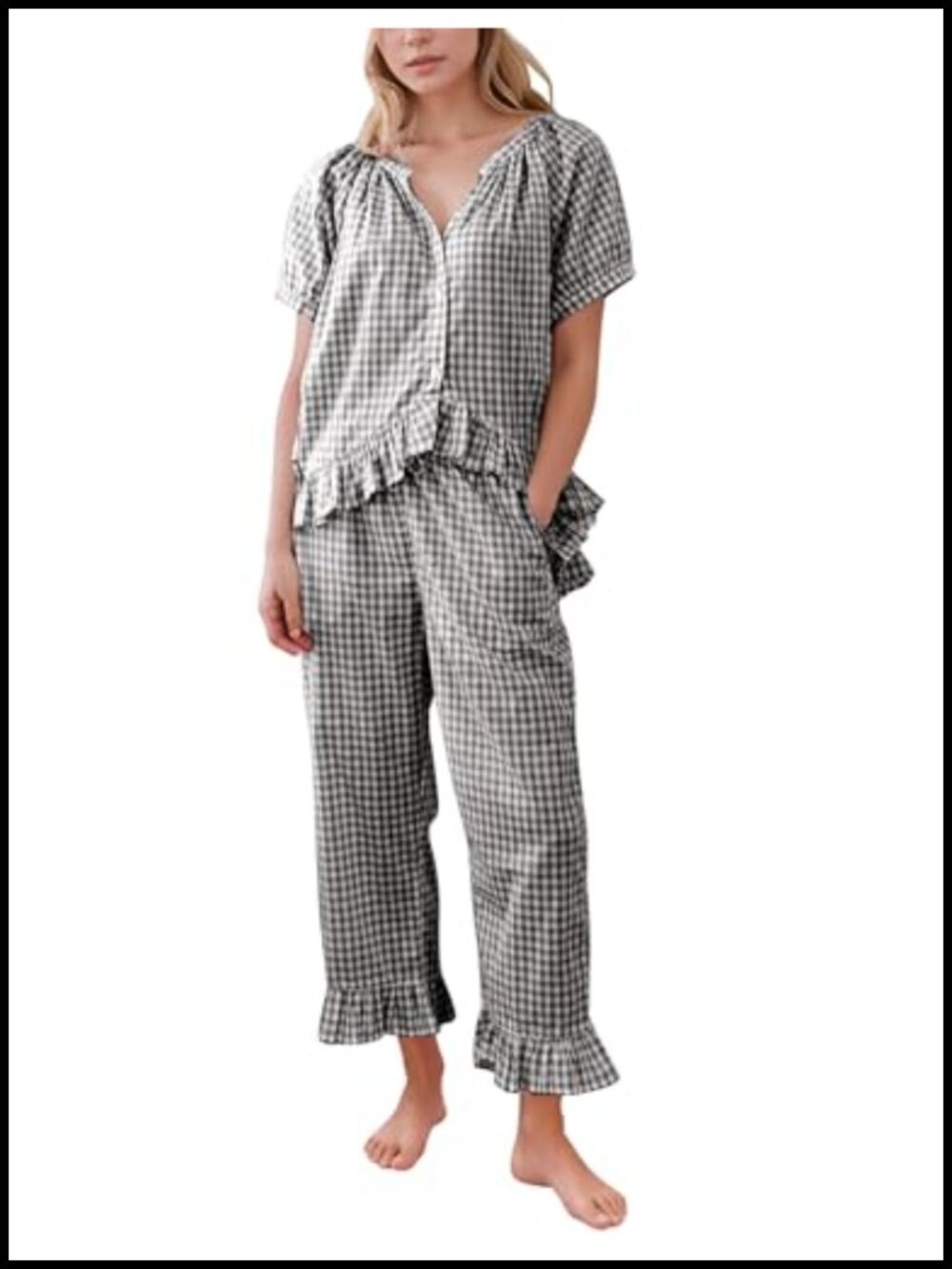 Womens 100% Cotton Plaid Pajama Set Gingham 2 Piece Lounge Set